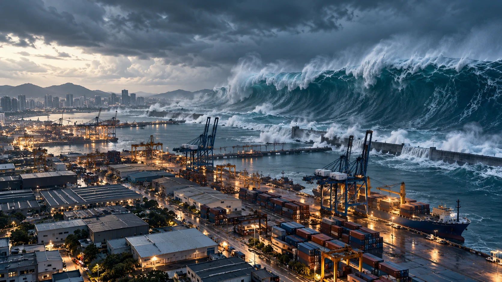 ภาพจำลองคลื่นสึนามิใกล้พื้นที่ท่าเรือ